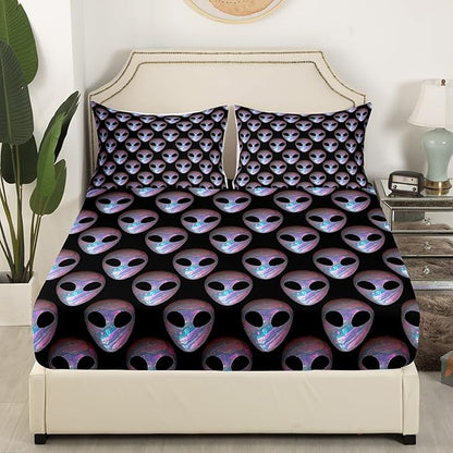Alien Bed Sheet Set 3 Pieces,Outer Space Alien Mysterious Bedding Set(No Flat Sheet),Watercolor Purple Blue Marble Paint Trippy Fitted Sheet,2 Pillow Cases,Full Size