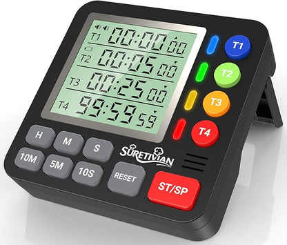Digital Kitchen Timer for Cooking - 4 Channel Count Up Countdown Timer with Loud Alarm and Silent Mode, Large Display, Magnetic Back, Auto Memory for Classroom Study Gym, Battery Included (Black)