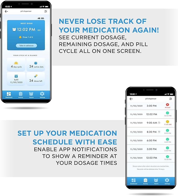 Live Fine Smart WiFi Automatic Pill Dispenser Clear Lid | 28-Day Medication Organizer Up to 9 Doses Per Day for Care Monitoring with Lock Key, Light/Sound Alarms for Prescriptions & Vitamins