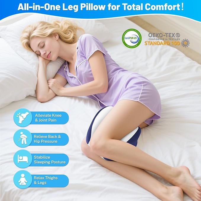 Knee Pillow for Side Sleepers, Leg Pillow with Cooling Cover, Memory Foam Leg Pillow for Side Sleeping, Heart-Shape Cushion for Hip, Back & Sciatica Pain Relief, Blue
