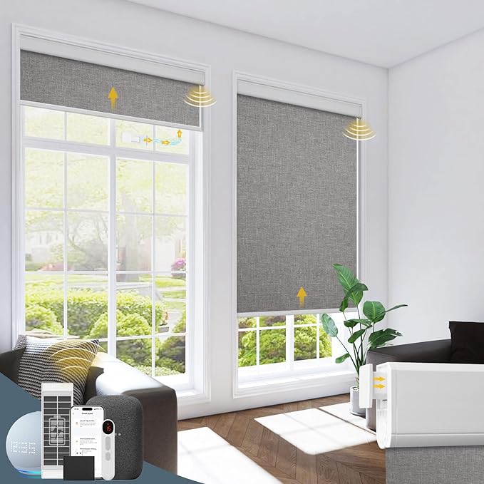 Motorized Blinds with Remote Control,No-Drill Smart Blinds with 【Complementary Solar Panel】,Cordless Automatic Blinds for Windows, 1OO% Blackout Electric Shades Customize