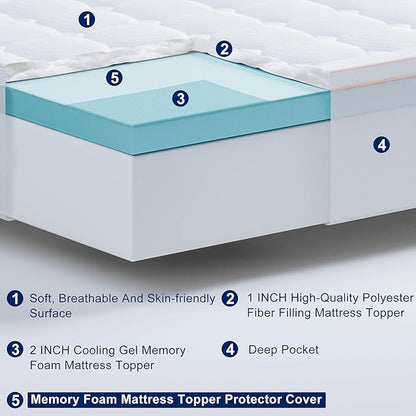 XWZO Twin Size Memory Foam Mattress Topper Dual Layer 3 Inch,2 Inch Cooling Gel Memory Foam Mattress Topper and 1 Inch Pillow Top Pad for Back Pain Relief