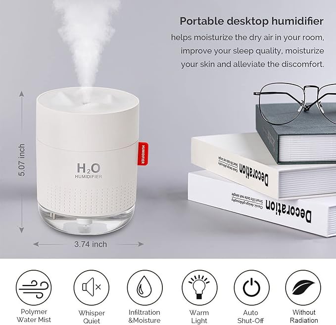 MOVTIP Portable Mini Humidifier, 500ml Small Cool Mist Humidifier, USB Personal Desktop Humidifier for Baby Bedroom Travel Office Home, Auto Shut-Off, 2 Mist Modes, Super Quiet (10PCS Cotton Stick)