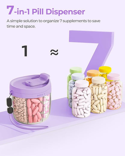 Cute Pill Dispenser with 7 Large Compartments, Portable Pill Bottle Organizer with Wide Opening for Easy Use, Anti-Mix Pill Organizer for Travel, BPA-Free Pill Container, Purple