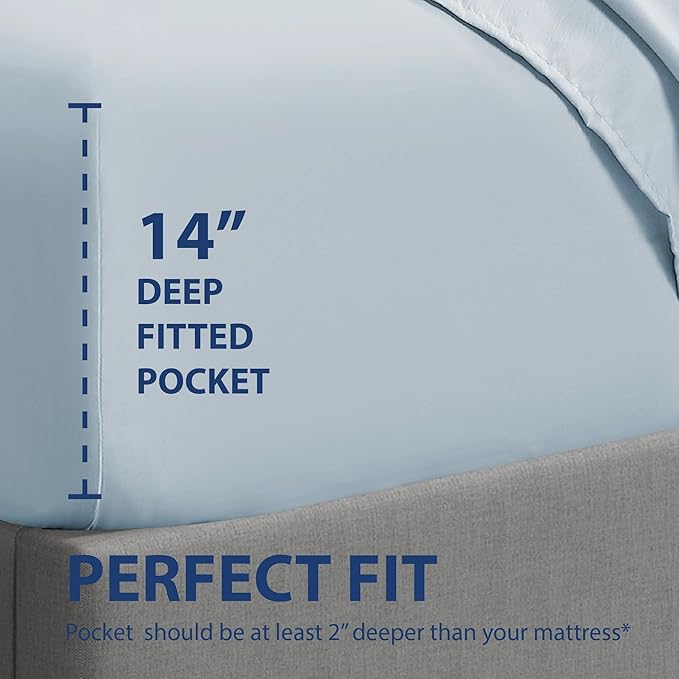 Cathay Home Twin Fitted Sheet - Double Brushed Ultra Soft – Wrinkle & Fade Resistant - 16" Deep Pocket Fitted Sheet Only - Good Fit for 14"-18" Deep Mattress (Twin, Blue Fog)
