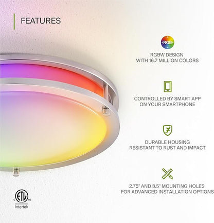 ASD LED 14" Round Flush Mount Lighting, Close to Ceiling Light Fixture | Smart, Multicolor, Dimmable, ETL Listed | 21W 1429LM RGB-2700-6500K 120V | Low Profile Double Ring Lamp | Nickel, 4 Pack