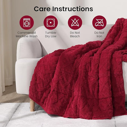 15 lbs Weighted Blanket for Adults, Dual Sided Soft Fuzzy Sherpa Weighted Blankets Full Size with Jacquard Pattern, Cozy Winter Weighted Blanket for Sofa Bed, Ceramic Beads, 48 x 72 inches, Red