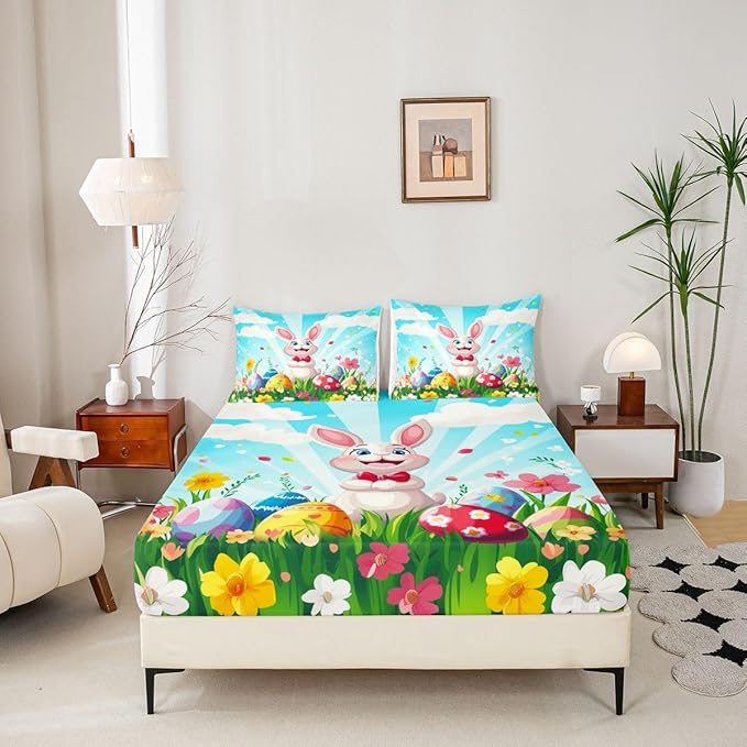 Happy Easter Bed Sheet Queen Size Funny Rabbit Easter Egg Bedding Set Spring Flowers Cute Animal Fitted Sheet Kids Boys Girls Room Decor Blue Colorful Soft Sheets with 2 Pillowcase,No Top Flat