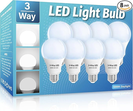 3 Way LED Light Bulbs 8 Pack, 30 70 100 Watt Equivalent, Daylight 5000K A19 Light Bulbs E26 Base, Indoor Bulbs for Reading