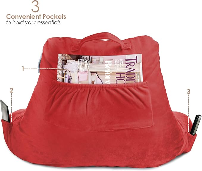 Nestl Reading Pillow for Kids & Teens with Shredded Memory Foam, Backrest Pillows for Reading, Watching, and Gaming, Use on The Couch, Bed, or Floor, Adjustable Support with Washable Cover Cherry Red
