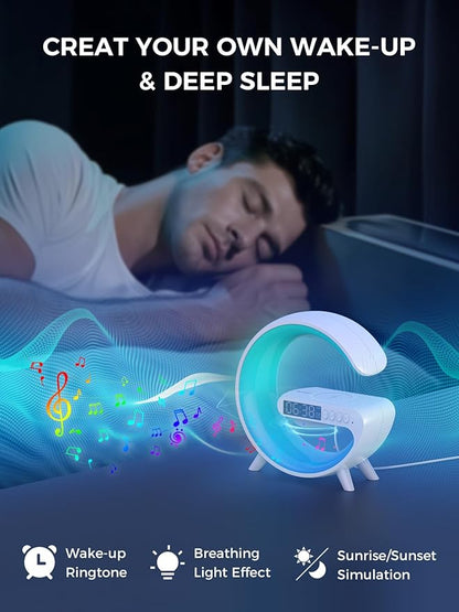 Smiling Shark Wake Up Light, Atmosphere Desk Light with 15W Wireless Charger & Bluetooth Speaker Button Control 10 Lights Mode Sunrise Simulation Alarm Clock Smart Light for Home Decor Bedroom