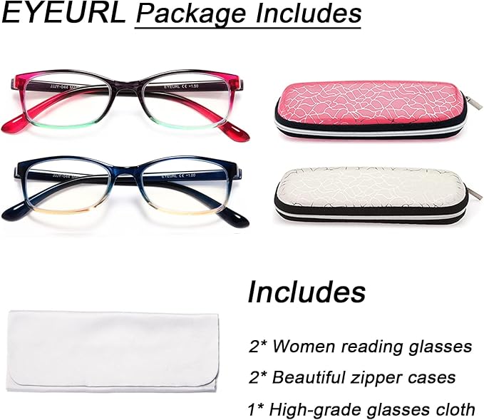 EYEURL Reading Glasses for Women, 2 Pack Blue Light Blocking Readers Lightweight Filter UV Ray/Glare Anti Eyestrain 0.75