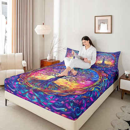 Tree of Life Kids Queen Size Fitted Sheet,Stained Glass Leaves Abstract Room Decor,Aesthetic Nature Plant Boys Girls Bed Sheets,Colorful Bedding Set,2 Pillowcases(No Flat)