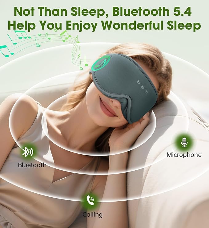 Bamboo Cotton Large Sleep Mask with Bluetooth Wireless Headphones - Blackout Eye Mask for Sleeping 3D Contoured Sleep Headband Ear Muffs Lengthen & Low Noise Hook for Better Experience (Grey)