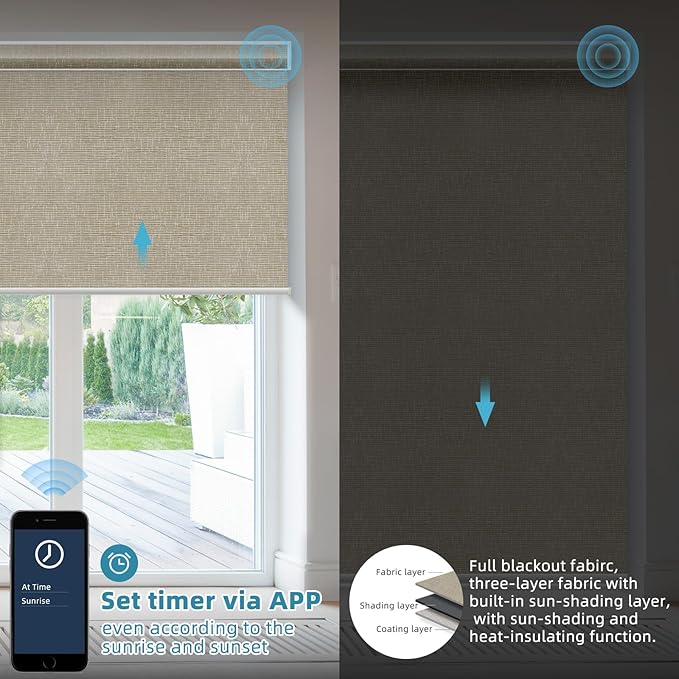 SmartWings Motorized Smart Blinds with Remote, Custom Automatic 100% Blackout Roller Shade Compatible with Alexa/Homekit/Google, Electric Smart Blinds for Indoor Windows, Safari Biscuit