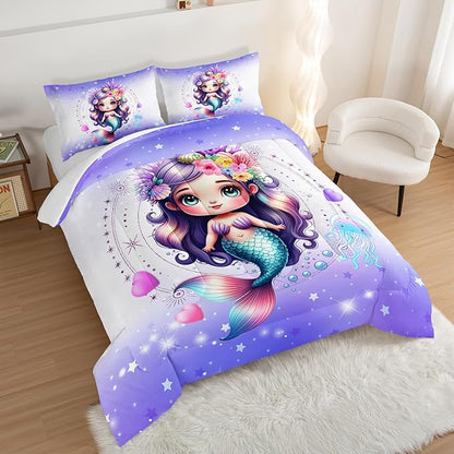 Cute Mermaid Pattern Full Comforter Set,Star Jellyfish Ocean Themed Bedding Sets for Kids Toddlers Girls Boys Room Decor,Princess Bedding with 2 Pillowcases.