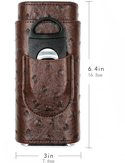 Brown Cigar Case with Cutter - Portable Leather Travel Cigar Holder and Small Humidifier Kit for Men