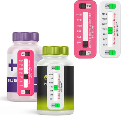 PillSavvy™ Daily Pill Tracker – Non-Digital, Reusable Medication Reminder for Bottles & Organizers – Easy to Use, Curved Back – Track Prescriptions, Vitamins, Supplements & Pet Meds (Pink, 5 Pack)