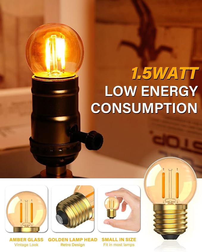 1.5Watt Low Watt LED Light Bulbs Equivalent to 10 Watt Night Bulbs,E26 Standard Base G40 Small Globe Light Bulbs,2200K Soft Warm Bulb for Bedroom,Amber Glass,Non-Dimmable,2-Pack