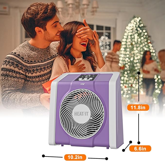HEATIT Space Heater with Remote for Indoor, Digital Display with Thermostat，Containing Plasma & Ozone, 1-12H Timer,1500W/750W, Electric Space Heater for Office, Bedroom,Violet,10.6"Dx7.0"W x 11.8"H
