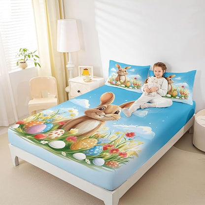Easter Fitted Sheet Full Size Easter Egg Funny Rabbit Bedding Set for Kids Bedroom Kawaii Animal Spring Flowers Bed Sheet Set 3pcs Blue Colorful Deep Pocket Mattress Cover,No Top Flat