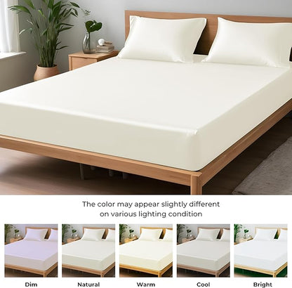 LINENWALAS Fitted Sheet Only Viscose Derived from Bamboo, Bottom Sheet for King Size Bed – 16” Deep Pocket, All Around Snug Fit – Cooling, Breathable, Soft, Hypoallergenic (Ivory, King)