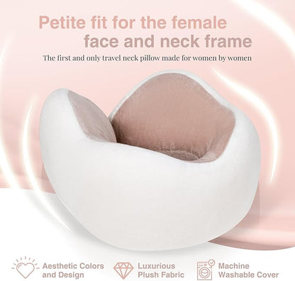 Women's Small Fitted Neck Pillow for Traveling, Memory Foam Travel Pillow, Travel Neck Pillows for Airplanes, Travel Essentials for Flying, Plane Pillow in Taupe and White