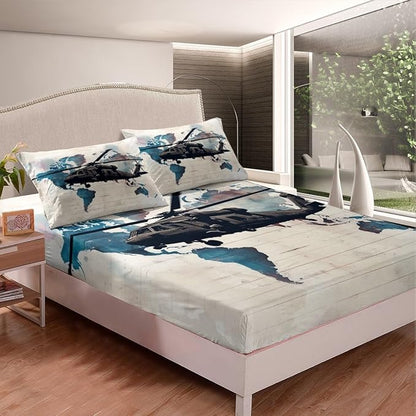 Helicopter Kids Fitted Sheet Queen Size,Tie-dye Graffiti Geometric Stripes Bedding Set,Boys Girls Room Decor,Airplane Aviation Aircraft Retro Bed Cover,Blue Beige Bed Sheet,2 Pillowcases(No Top Sheet)