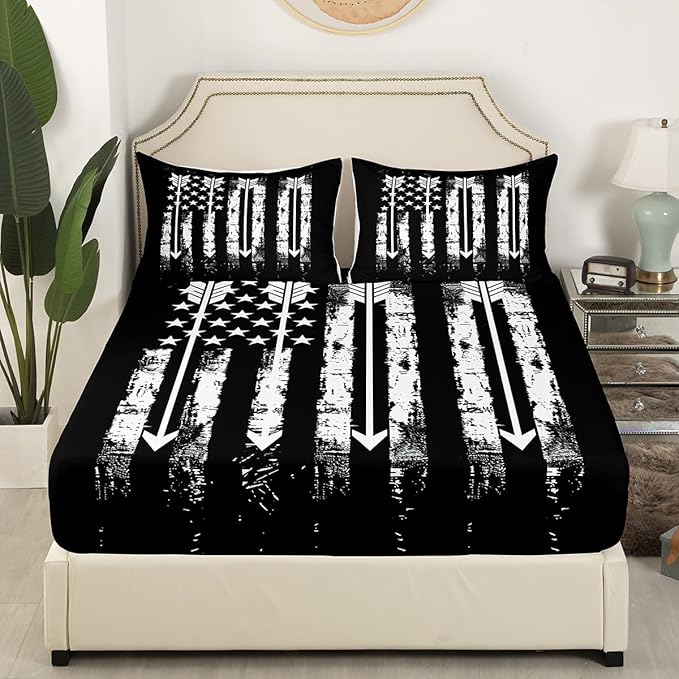 Manfei Archery Fitted Sheet Full Size, American Flag Arrows Print Bedding Set 3pcs, Sports Gaming Theme Bed Cover with 2 Pillowcases, Kids Boys Teens Room Decor, Soft Bedding(No Top Sheet)