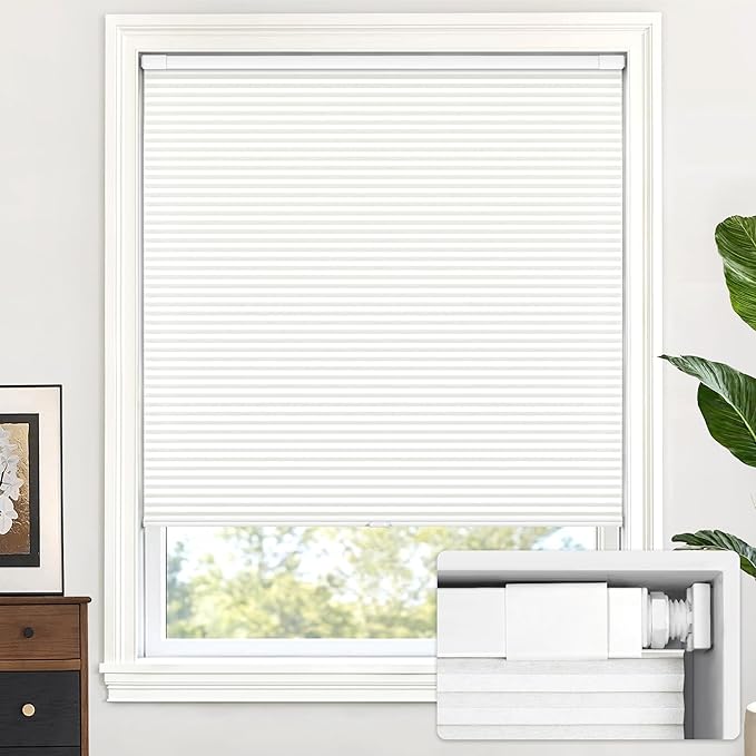 LazBlinds Cordless Cellular Shades, No Tools No Drill Light Filtering Honeycomb Shades Pleated Blinds for Windows, 40'' W x 48'' H, White