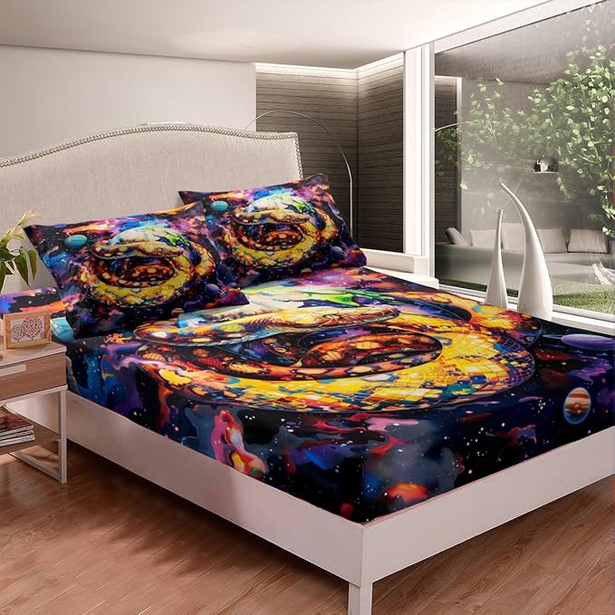 Snake Fitted Sheet Queen Size,Starry Sky Galaxy Nebula Planet Trippy Bedding Set,Boys Girls Room Decor,Reptile Animals Outer Space Universe Bed Cover,Purple Fashion Bed Sheet,2 Pillowcases