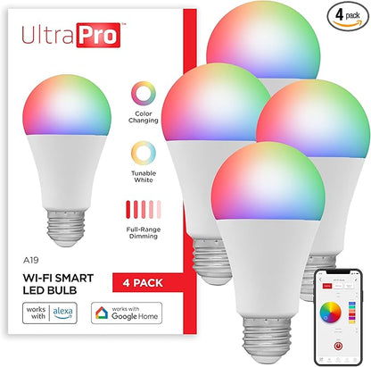 UltraPro Wi-Fi LED Smart Light Bulb, A19, 60W Equivalent, RGB, Color Changing, White Select Tunable 2700K - 6500K, Dimmable, 2.4GHz Router Required, Circadian Rhythm, Easy-to-Use App, 4 Pack, 51454