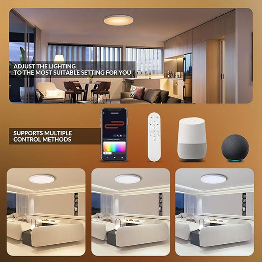 2 Pack 16 Inch Smart RGB LED Ceiling Light with Remote, WiFi Flush Mount Ceiling Light Compatible with Alexa & Google Home, 32W=3200LM Dimmable, DIY Colors, for Bedroom Living Room