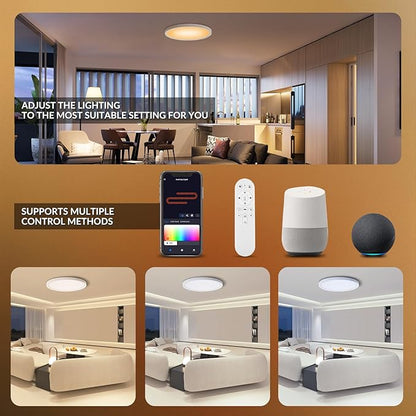 2 Pack Smart RGB LED Ceiling Light with Remote, 12" WiFi Flush Mount Ceiling Light Works with Alexa & Google Home, 24W=2400LM Dimmable, DIY Colors & 2700K-6500K, for Bedroom Living Room