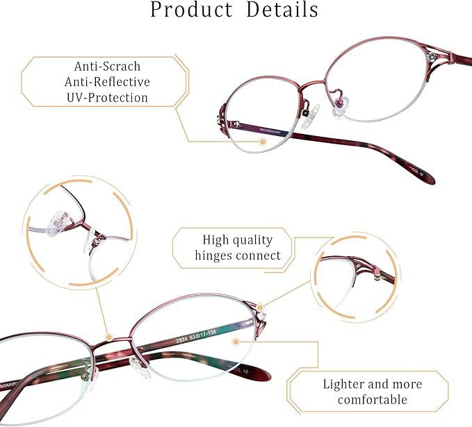 LifeArt Alloy Semi-Rimless Reading Glasses,Blue Light Blocking Glasses, Anti Eyestrain, Computer Gaming Glasses, TV Glasses for Women Men, Anti Glare (Red, +1.50 Magnification)