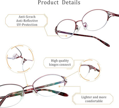 LifeArt Alloy Semi-Rimless Reading Glasses,Blue Light Blocking Glasses, Anti Eyestrain, Computer Gaming Glasses, TV Glasses for Women Men, Anti Glare (Red, +1.75 Magnification)