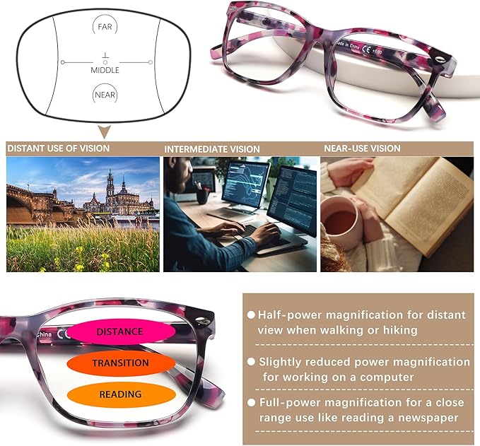 CLASAGA Progressive Multifocus Reading Glasses for Women, Pattern Print Blue Light Block Stylish Ladies Computer Readers