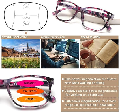 CLASAGA Progressive Multifocus Reading Glasses for Women, Pattern Print Blue Light Block Stylish Ladies Computer Readers