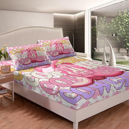 Cowgirl Boots Fitted Sheet Western Ethnic Tribal Cowgirl Hat Bed Sheet Set for Kids Children Teens Rustic Pink Cowhide Retro Cow Fur Print Bed Cover Toddler Bedroom Decor,Twin Size