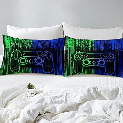 Video Gamepad Kids Sheet King Size,Abstract Neon Lights Honeycomb Hexagon Geometric Bedding Set,Boys Girls Room Decor,Gaming Controller Green Blue Bed Sheet Set 4pcs(Fitted + Flat + 2 Pillowcases)