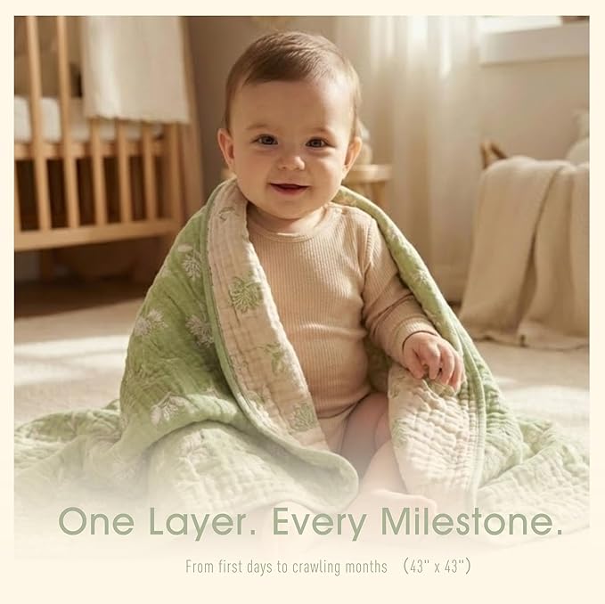 Ultra Soft Muslin Baby Blanket - Made with Organic Cotton, Earthy Botanicals Jacquard Swaddle & Crib Quilt, 43x43 (Sage Green Floral)