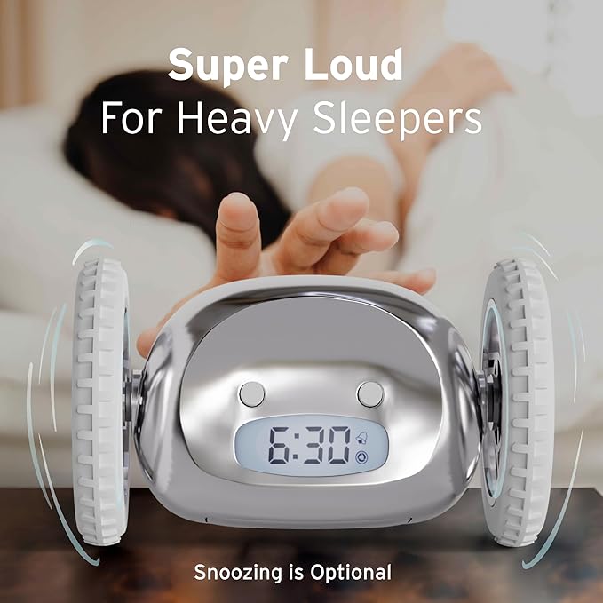 CLOCKY Extra Super Loud Alarm Clock for Heavy Sleepers Adults Kids Teens Bedroom, Move Jump Roll Run Away Easy to Set Smart Digital Mirror Alarm Clock on Wheels -Funny Gag Gift (Chrome)
