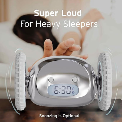 CLOCKY Extra Super Loud Alarm Clock for Heavy Sleepers Adults Kids Teens Bedroom, Move Jump Roll Run Away Easy to Set Smart Digital Mirror Alarm Clock on Wheels -Funny Gag Gift (Chrome)