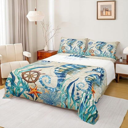 Seahorse Sheet Queen,Ocean Animal Bed Sheet Set 4pcs with Deep Pocket Fitted Sheet + Flat Sheet + 2 Pillowcases Teal Blue Sea Horse Marine Mediterranean Style Bedding Set for Kids Teens Room Decor
