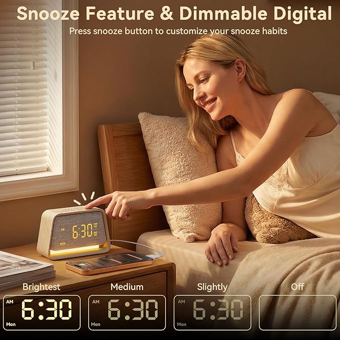 Vivilumens Wooden Alarm Clock White Noise Sound Machine for Sleep 10 Soothing Sounds 10 Natural Sounds for Adults Sleeping Digital Dimmable Night Light Gentle Clock for Bedroom Dual Alarm Ideal Gift