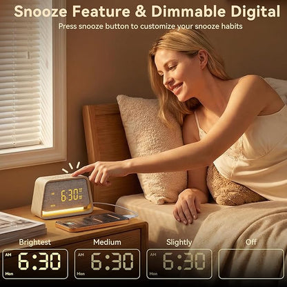 Vivilumens Wooden Alarm Clock White Noise Sound Machine for Sleep 10 Soothing Sounds 10 Natural Sounds for Adults Sleeping Digital Dimmable Night Light Gentle Clock for Bedroom Dual Alarm Ideal Gift