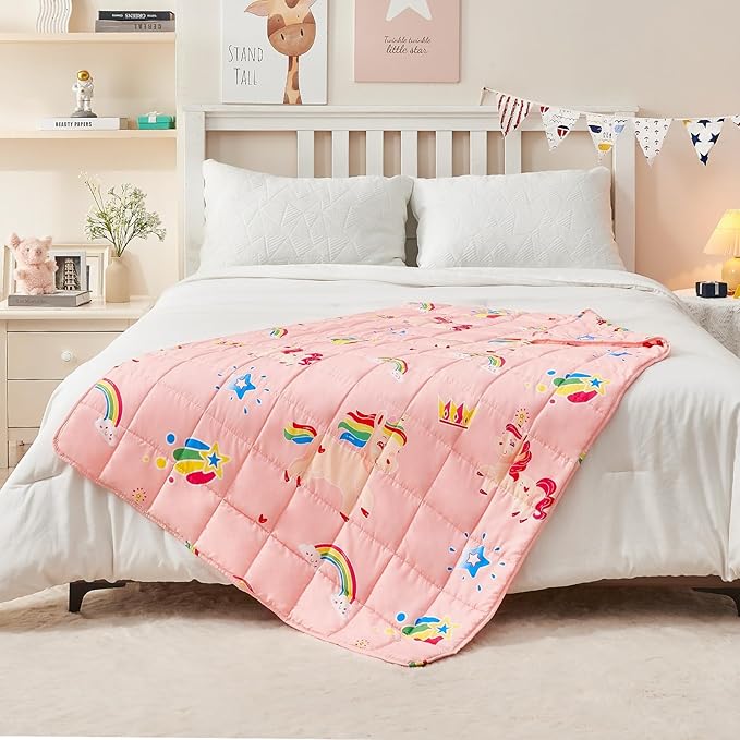 yescool Unicorn Weighted Blanket 10 Pounds Cooling Weighted Lap Blanket, Pink Rainbow Heavy Blanket, Breathable Weighted Throw Blanket Gift for 80-110lbs, 40"x60"