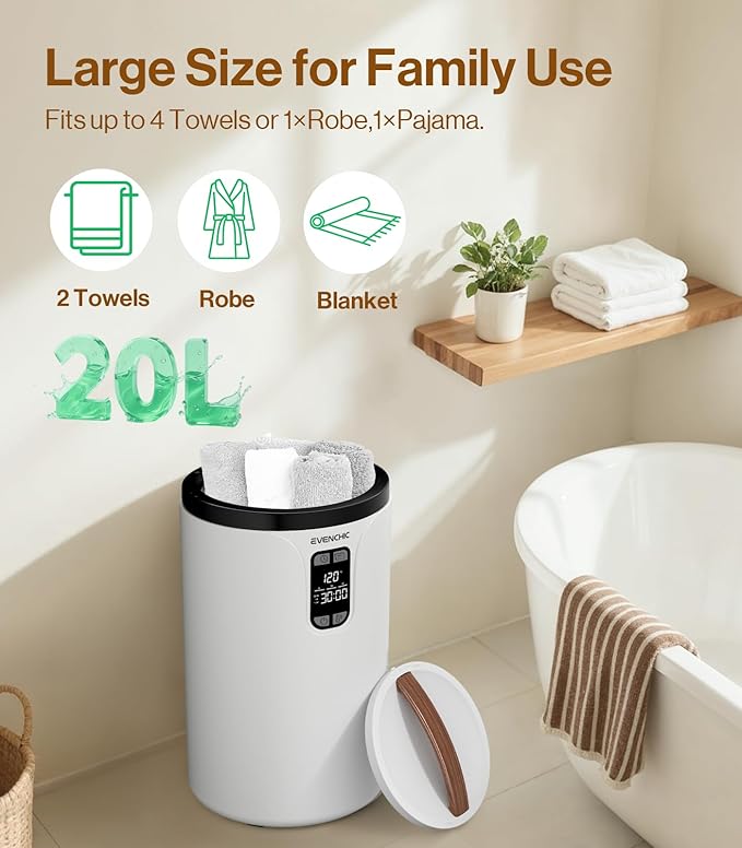 Towel Warmer, 20L Hot Towel Warmers for Bathroom with 24H Timer, Temperature Adjustable, LED Display, Auto Shut Off, Even Heated for Oversized Towels, Bathrobes, Blankets,Ivory