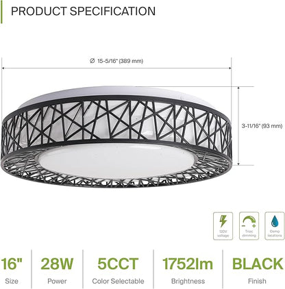 ASD 16 Inch LED Flush Mount Ceiling Light Fixture for Bedroom, 28W 1752LM 5CCT 2700K-5000K, Triac Dimmable Lights, Dining, Living Room, Kitchen Lamps, Modern Home Lighting Fixtures, Black, ETL