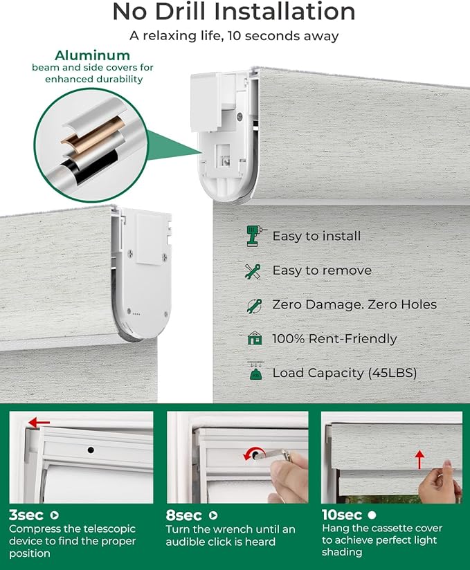 Allesin No Drill Motorized Blinds with Remote | Rechargeable Smart Blackout Roller Shades, Cordless Electric Window Blinds for Bedroom, Living Room, Home Office, Cream-Linen 35x72 Inches